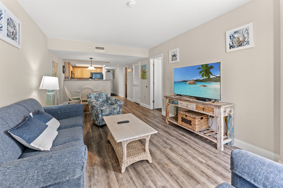 Large living room area with sleeper sofa, access to the balcony and large screen TV