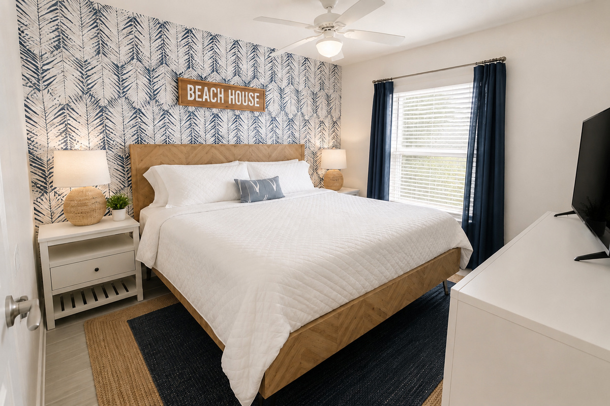 Palm fronds sway across the accent wall of this king bedroom — with a BEACH HOUSE sign above the herringbone headboard, rope-textured lamps, and a TV for winding down, it's coastal calm without leaving the covers.