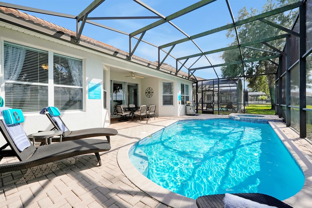 Pool has glow in the dark tiles and color changing LED lights!