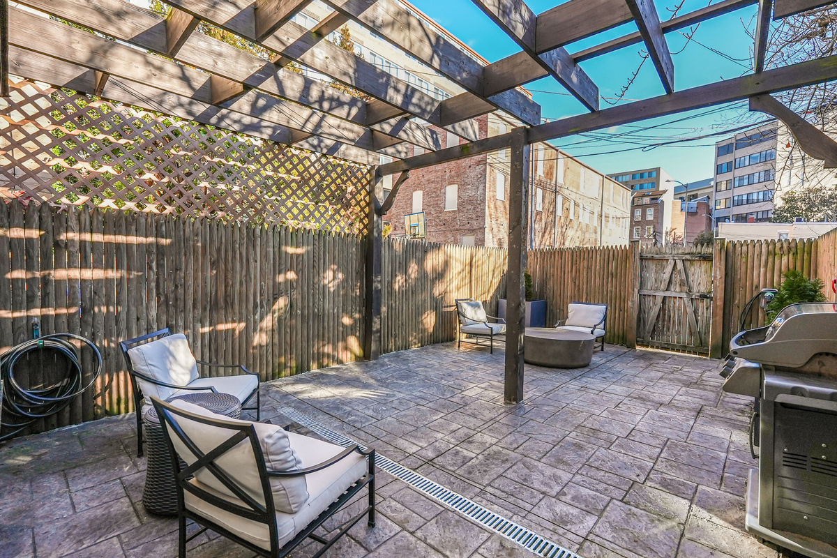 Private Rear Patio: Weber Grill, Restoration Hardware Seating & Table.
