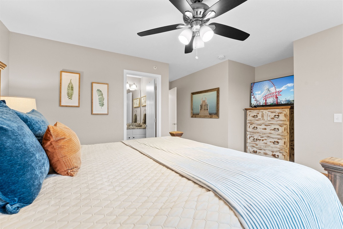 King bedroom with TV and ensuite bathroom