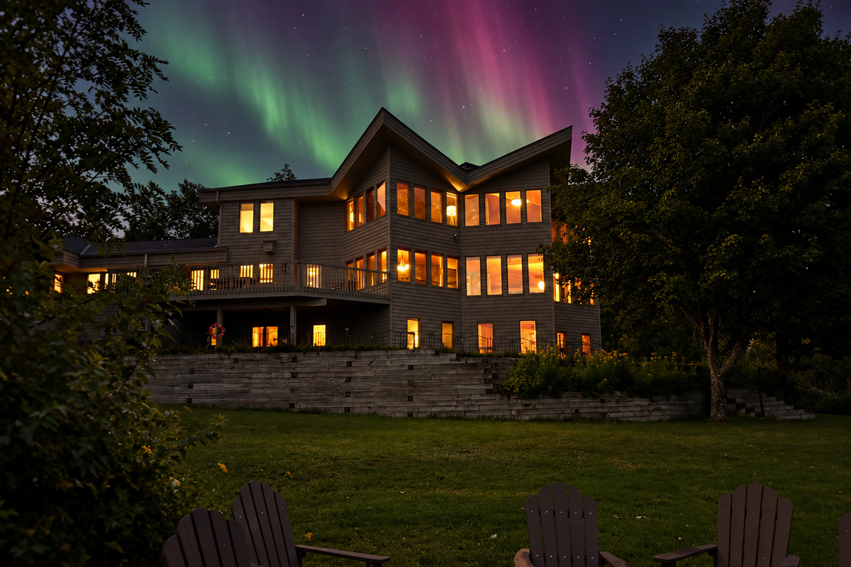 Northern lights photographed above Three Points Lodge in Tofte, Minnesota. This six-bedroom North Shore retreat has a memorable setting by day and after dark.