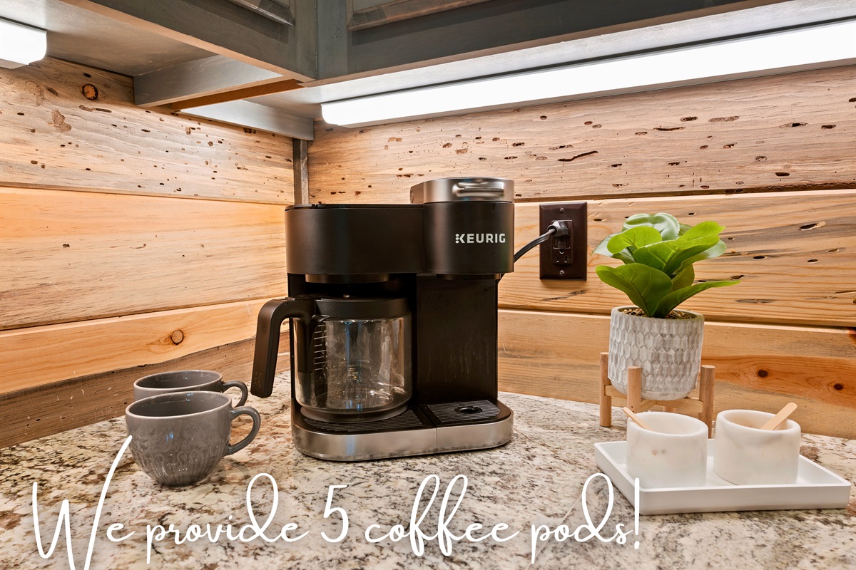 Start your morning right with our convenient Keurig coffee maker, complete with complimentary coffee pods to kickstart your day.