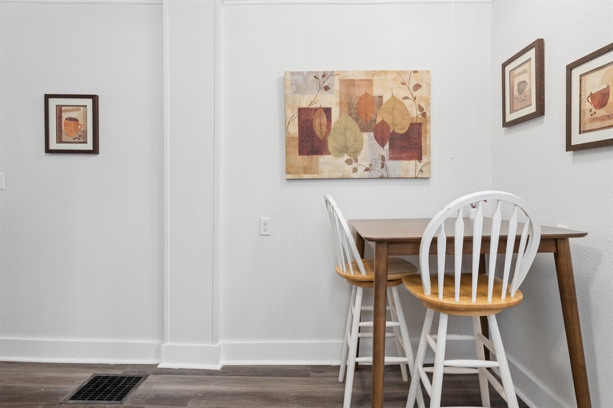 Enjoy your morning coffee at the kitchen bistro table.