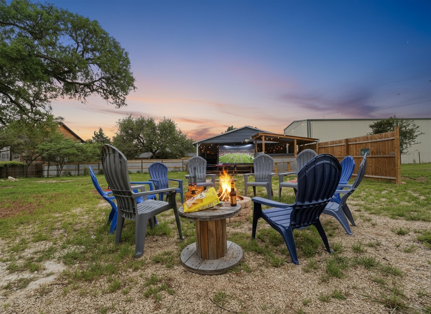 Evenings done right — fire pit, open sky, and space for everyone to gather
