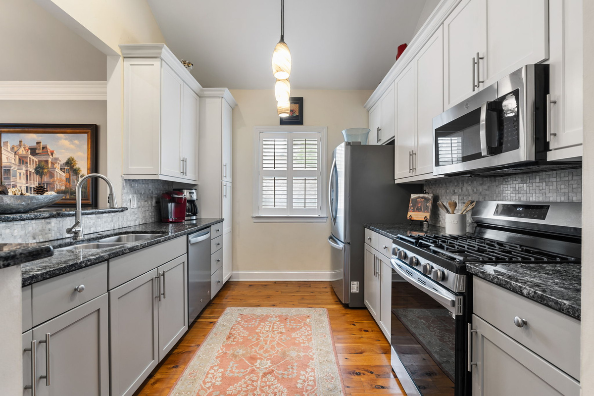 Well Stocked and supplied. Good Appliances.  Gas range. Stainless and Granite.