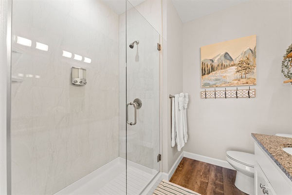 Custom tile shower with complimentary toiletries