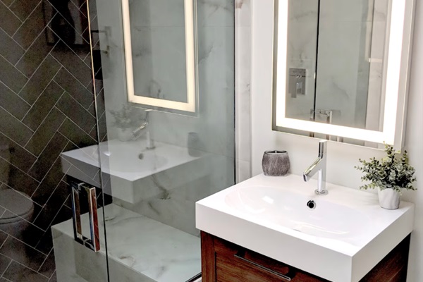Guest bathroom with sunken walk-in shower