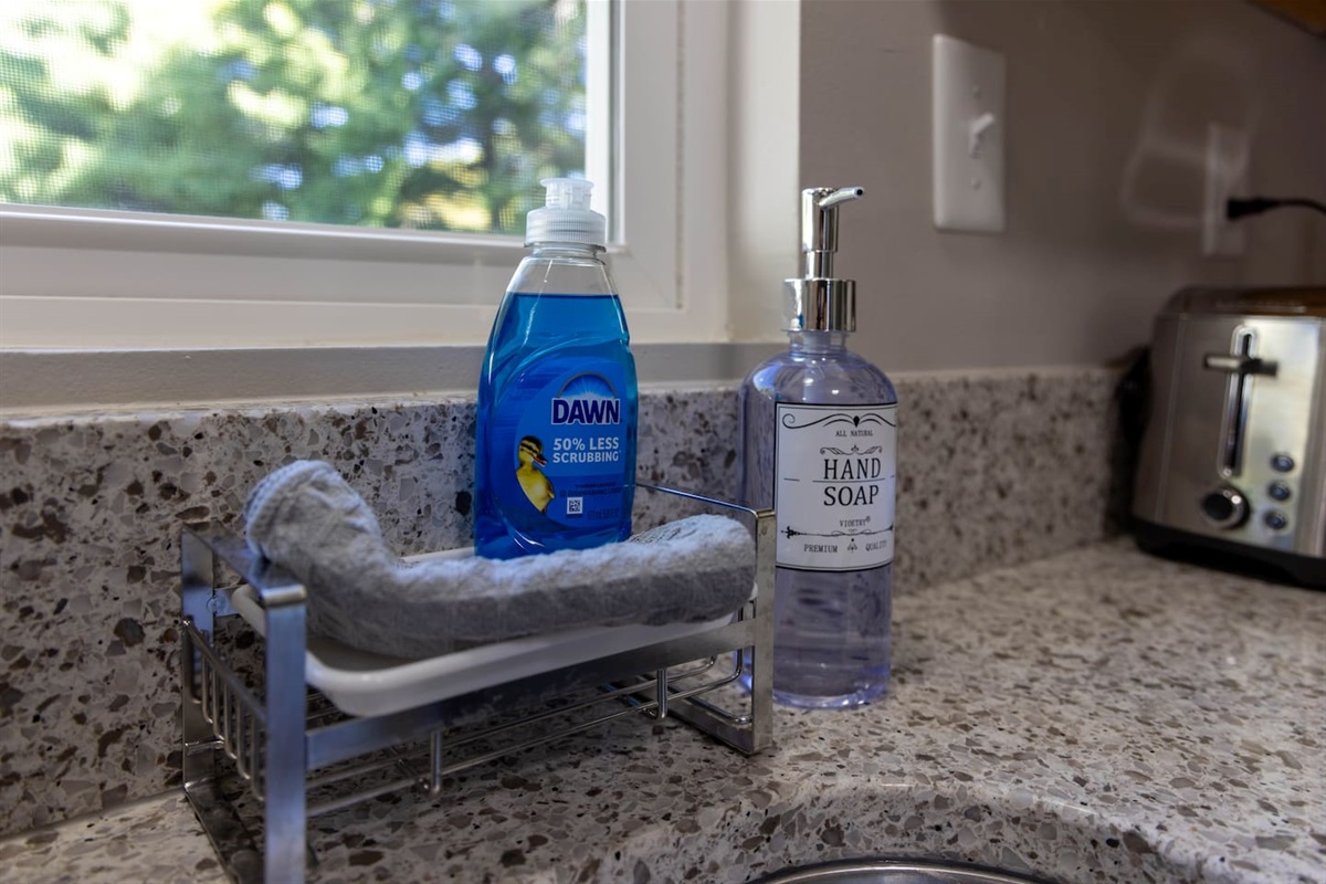 Dish soap, hand soap dish cloth/towel provided. 