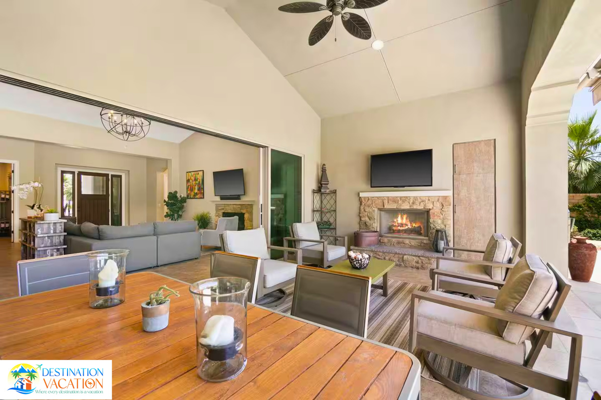 Sophisticated dining space overlooking inviting outdoor scenery.