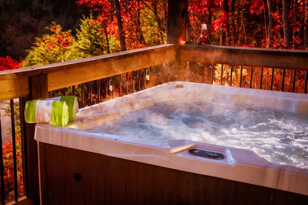 Hot tub relaxation. End the day in warm bubbles and cool mountain air.