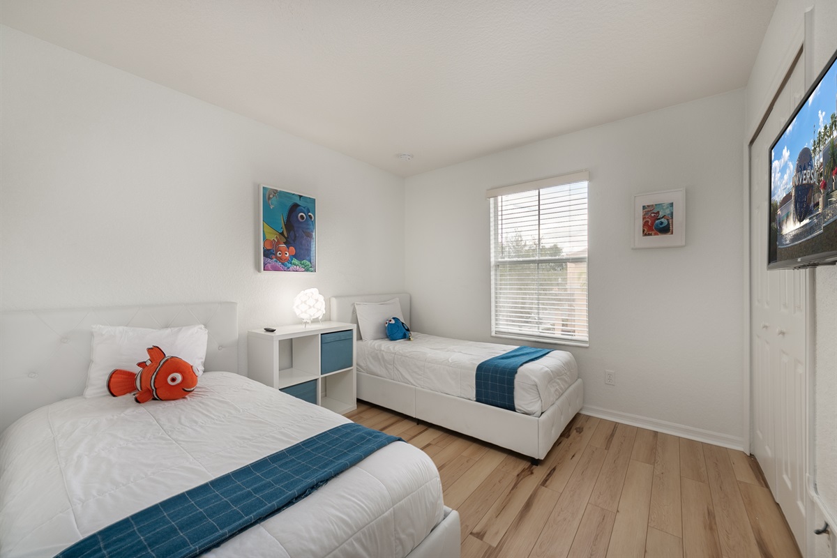 The second twin bedroom, also upstairs, is themed with Finding Dory and also has a Smart TV