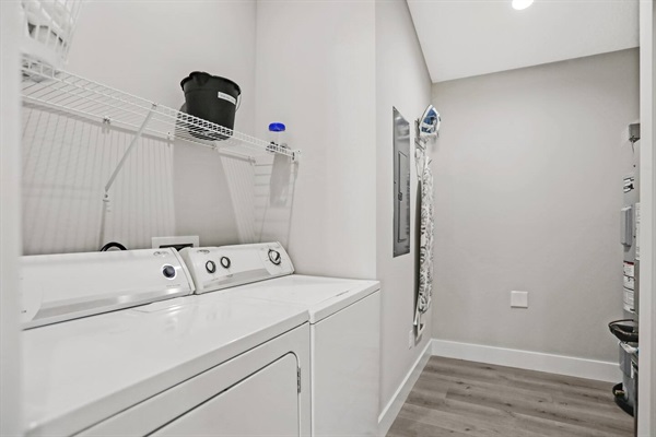 Your stay includes free access to the washing machine and dryer.  We also provide an iron and ironing board as well.