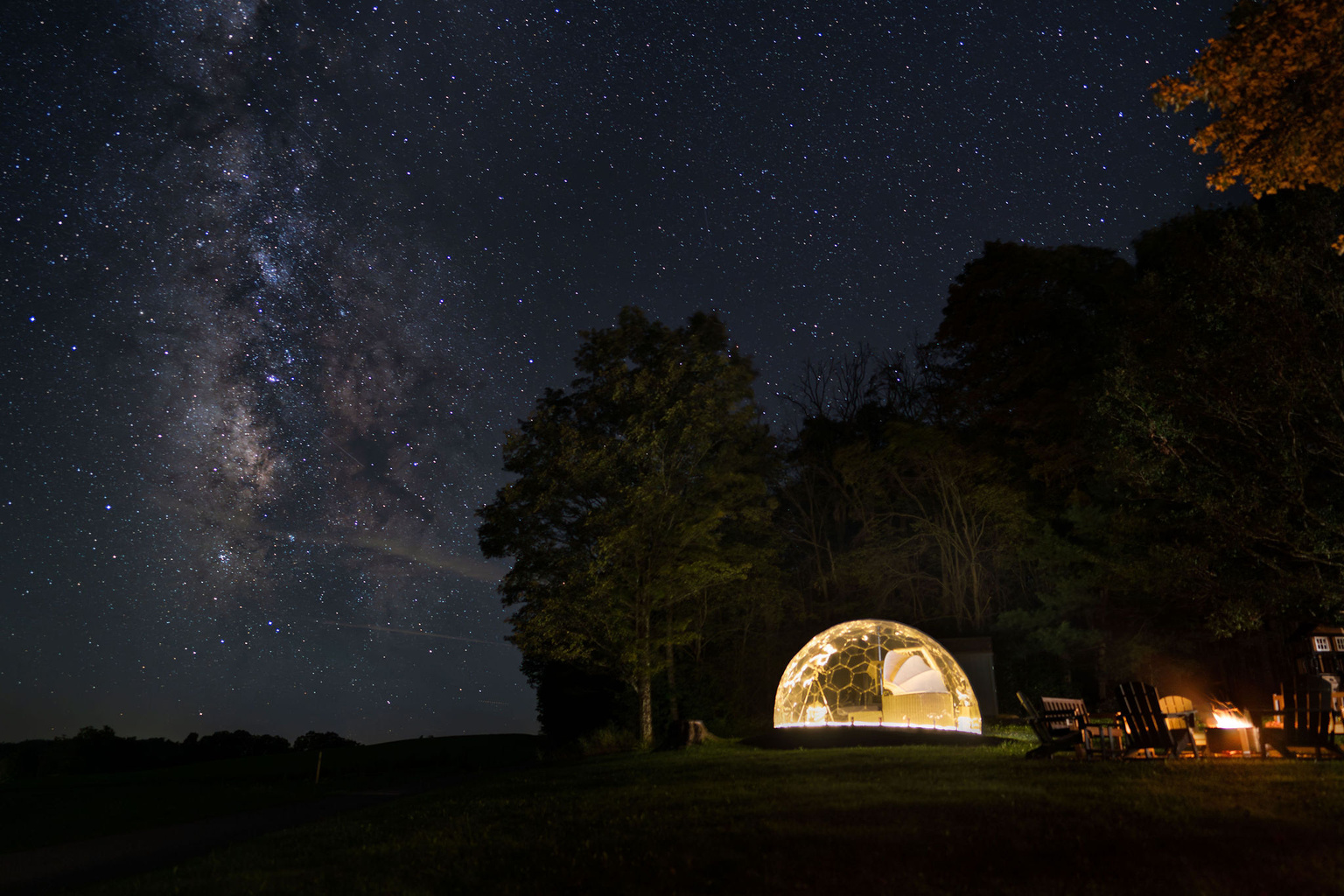 🔭 This is the sky you actually get. The Milky Way over our four-season stargazing dome — a real photograph taken on the property.