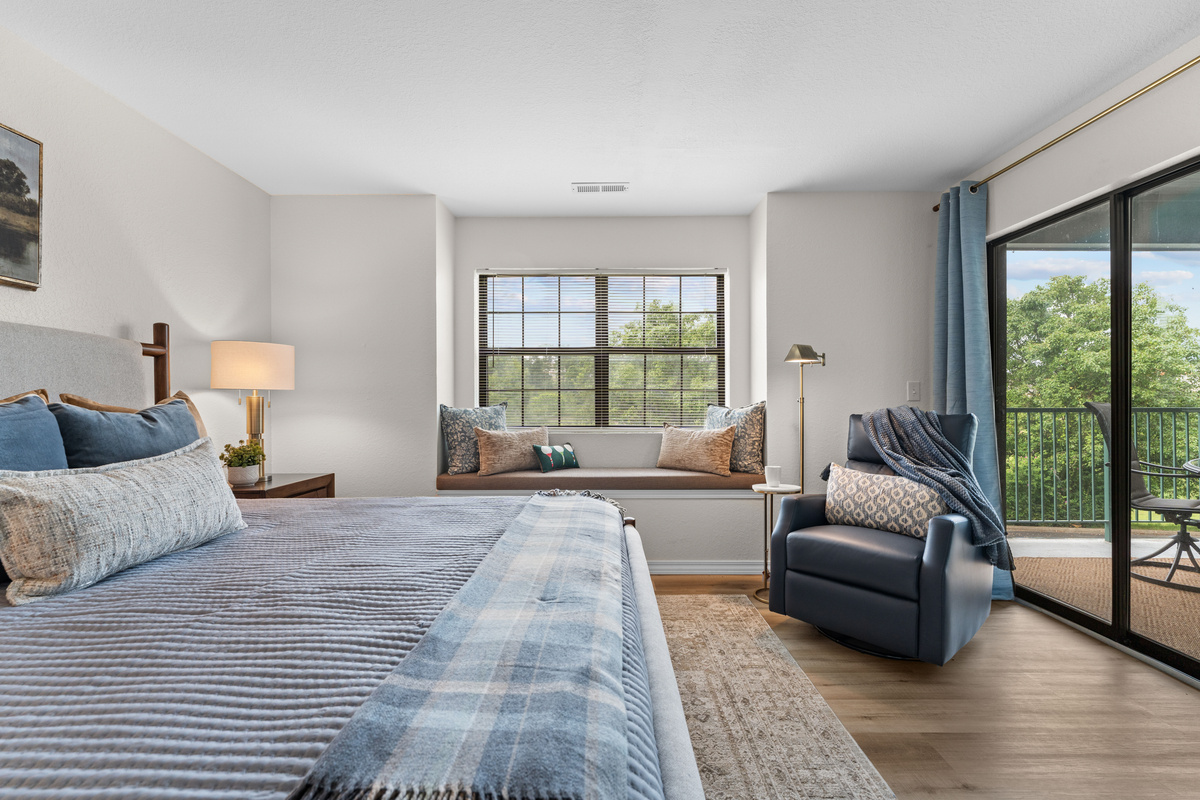 The primary king bedroom is roomy enough to unpack and settle in.