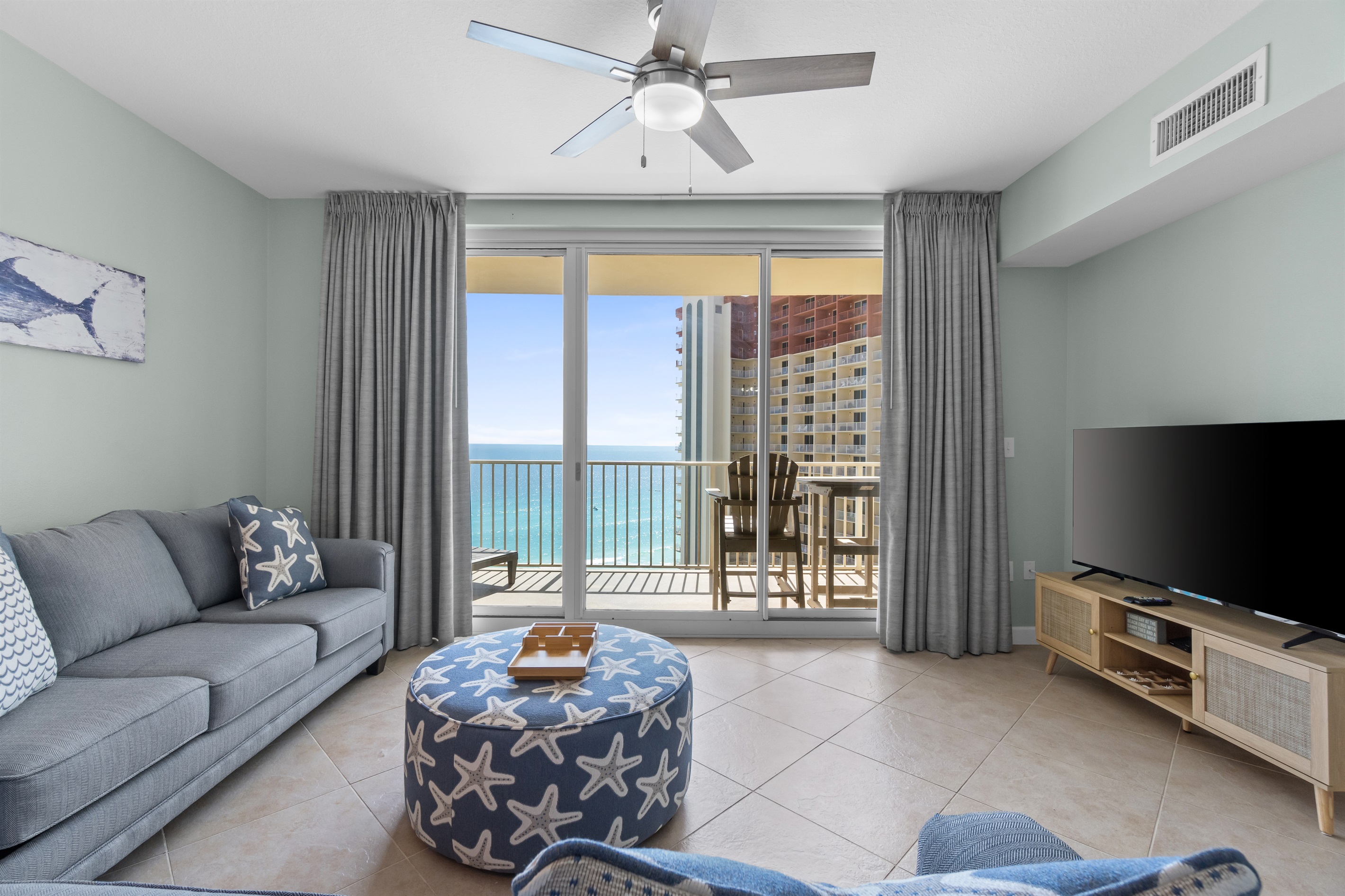 The view from seated on the love seat.