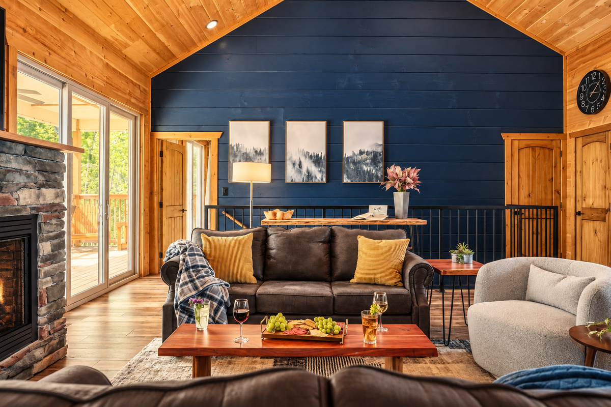 Sliding doors open to the deck from a vaulted room with a bold navy accent wall.