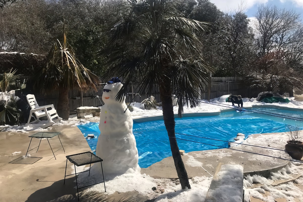 Once in 20 years, it snowed. Pool was heated and swimmable 3 days later Texas weather is totally unpredictable!