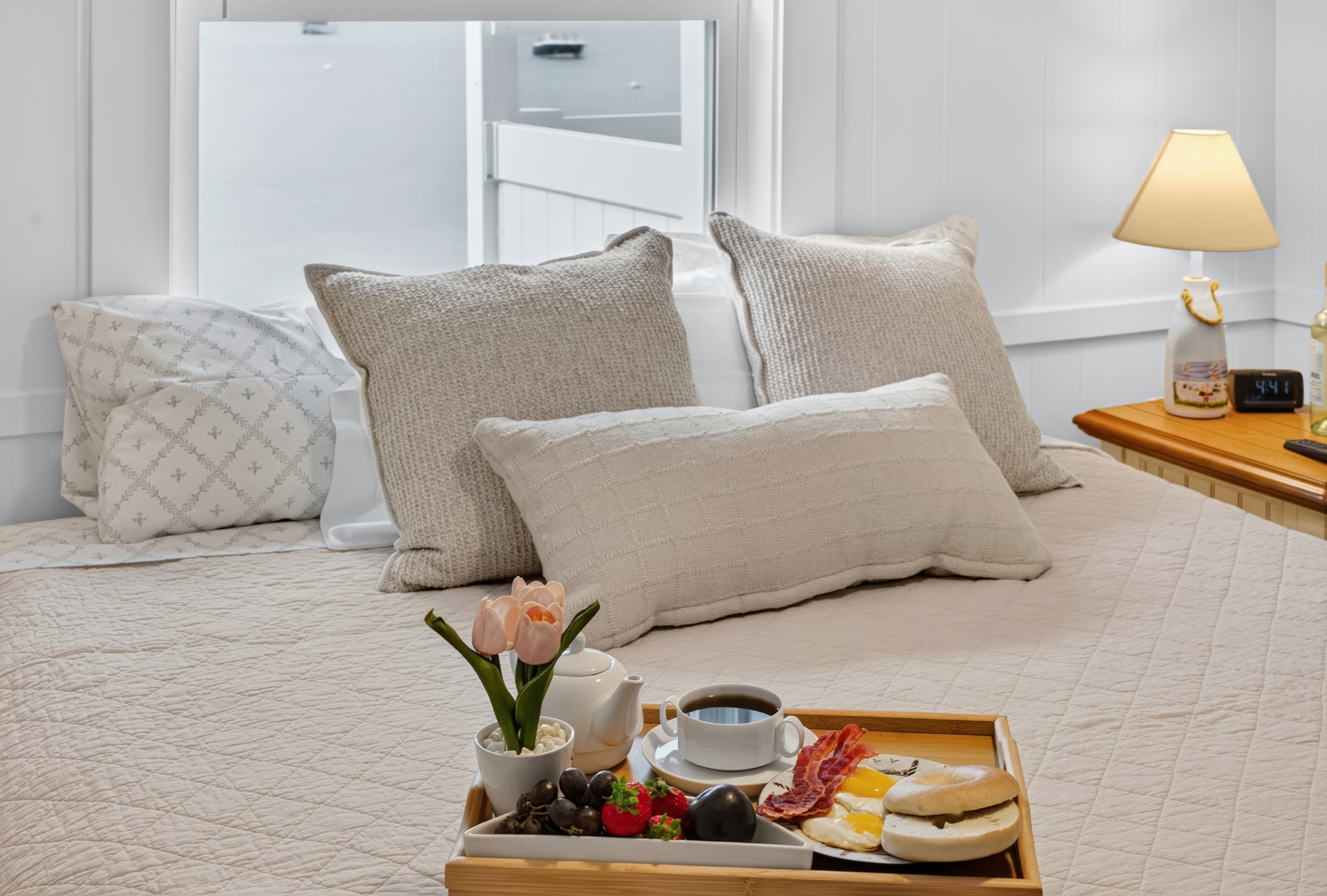 Enjoy a leisurely morning with breakfast in bed and scenic waterfront views.
