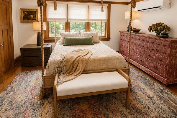 Charming upstairs bedroom featuring a comfortable queen-size bed, vintage-inspired, and warm natural light. Thoughtfully designed with character and comfort in mind, this inviting space offers the perfect place to relax and recharge