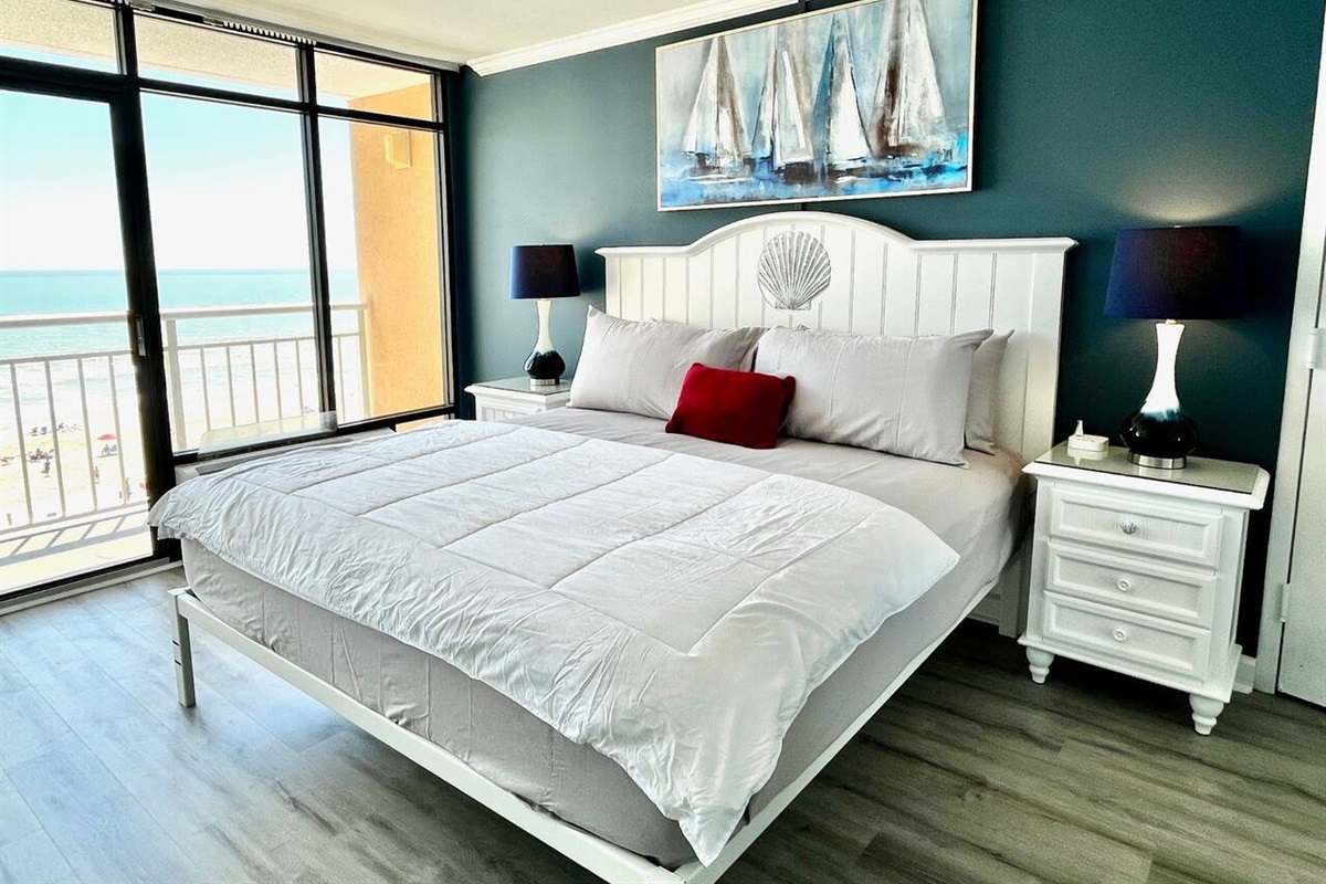 Very relaxing master bedroom with KING-Sized bed for total sleeping pleasure! Room can "lock-out" from rest of unit. has its own balcony to enjoy the ocean, beach, pool, and Ocean Annie views. There is also a full bathroom directly off this bedroom.