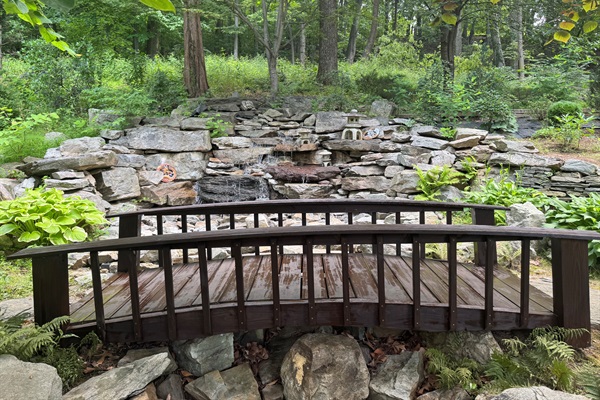 Japanese Bridge over natural stone waterfall and forest views.