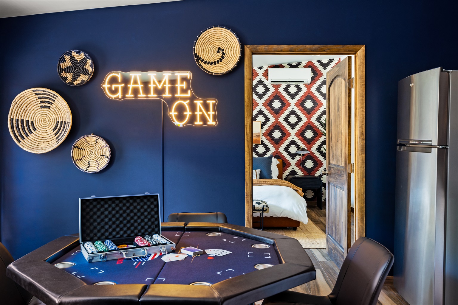 Unwind and have fun with poker nights, bold decor, and the perfect 'Game On' vibe! Book your stay now for a game-filled getaway.