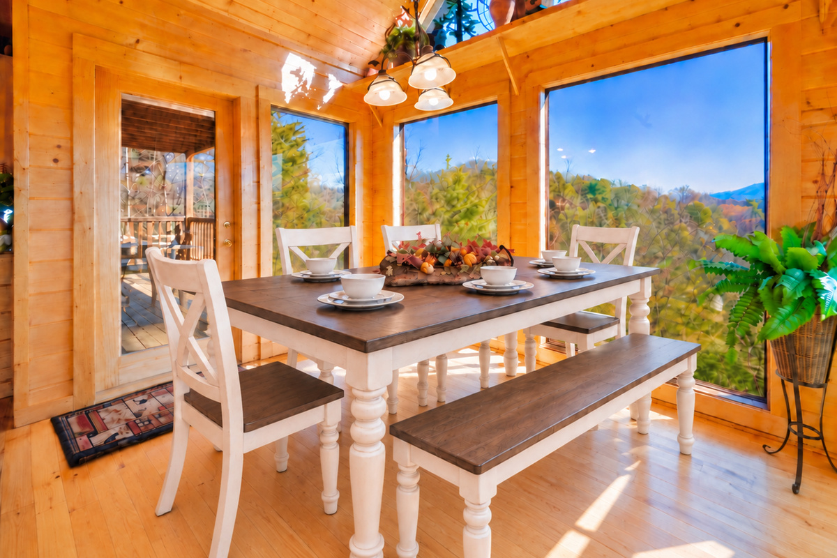 Enjoy meals with a view, surrounded by warm cabin charm and sweeping mountain scenery just beyond the windows.