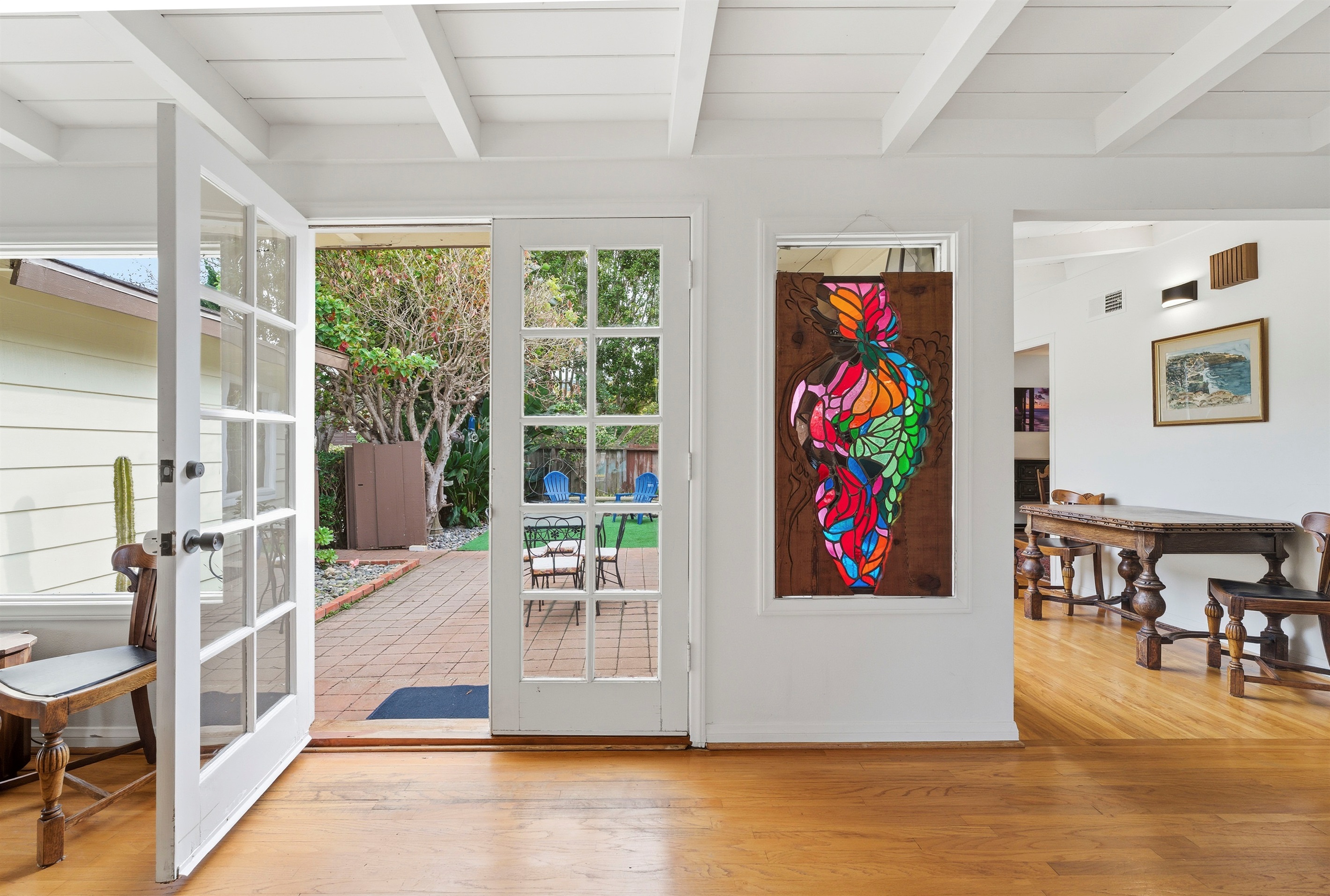 In the living room looking out to the front courtyard