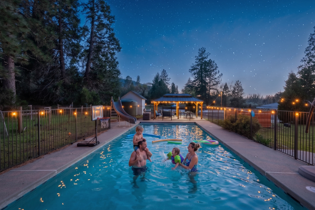 Dive into a Starlit Sanctuary. ✨
Experience the ultimate evening escape in our pristine pool under a canopy of stars. Whether it&rsquo;s a family splash session or a quiet midnight swim, this is where vacation memories are made.