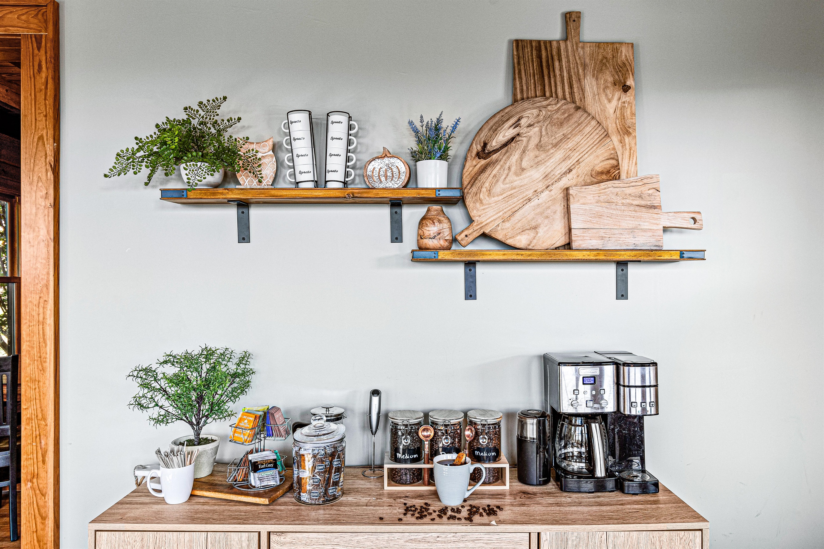 Full Coffee Bar w/ grinder, k cup, pot, ground, French press, and frother.