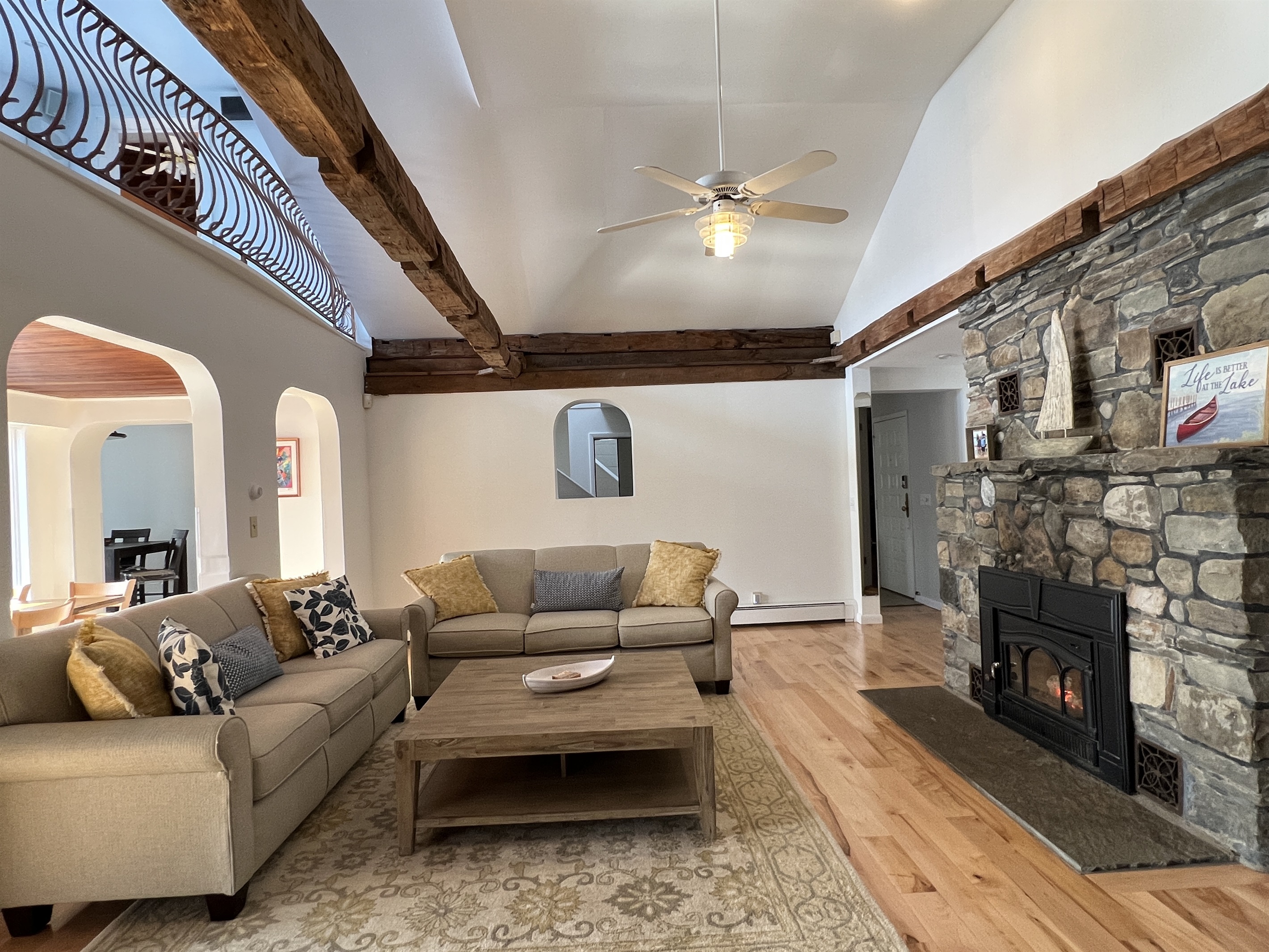 Main living room, beautiful stone and wood work.