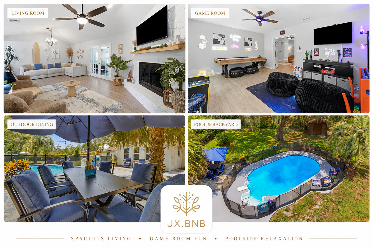 Room to relax, play, and make memories&mdash;featuring a spacious living room, fully equipped game room, shaded outdoor dining, and a private pool surrounded by a peaceful backyard.