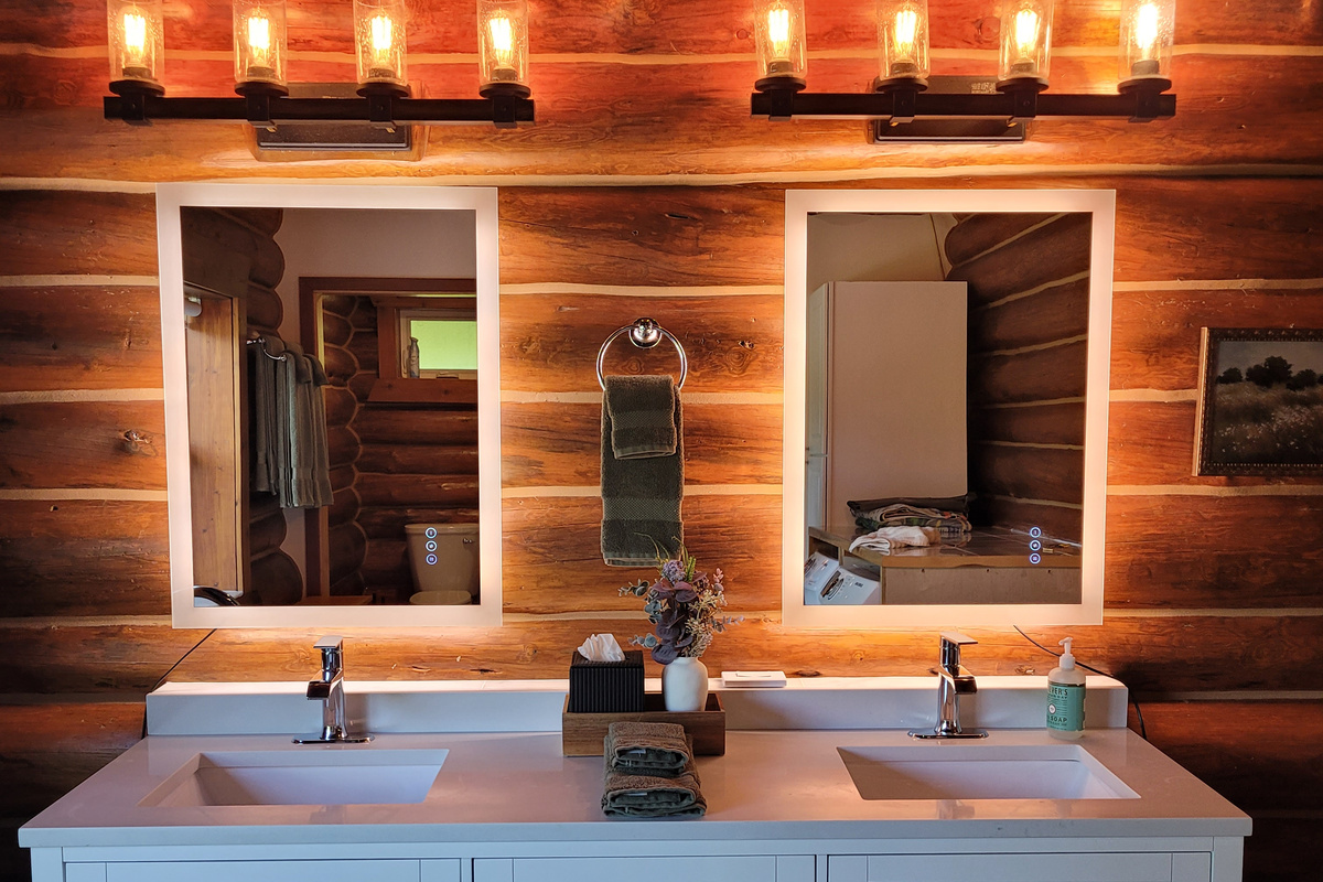 Modern vanity for two, with "in case you forgot" essentials below.
