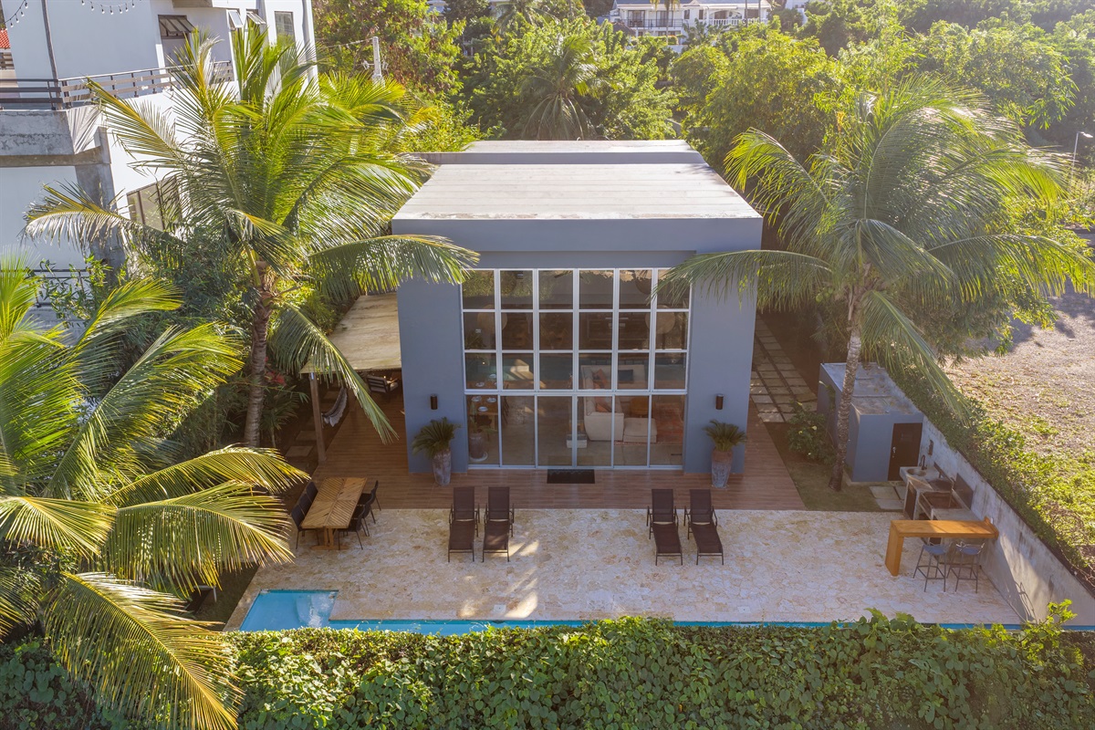 Aerial view of the house showing the patio area.
