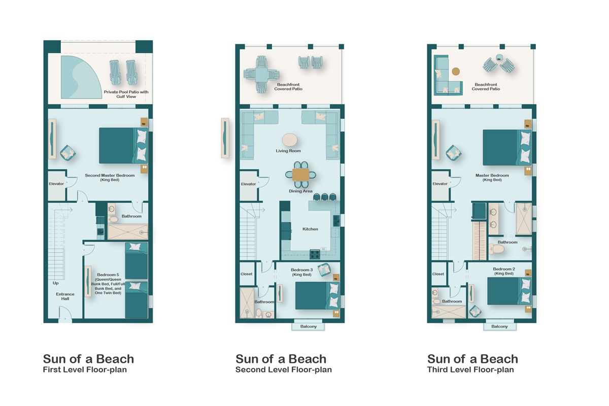 Sun Of A Beach is a Beachfront, Updated, Fully-stocked Home with HUGE views of the beach and Gulf of Mexico. 5 Bedrooms (9 BEDS), 4 Bathrooms provides plenty of space for your whole group!