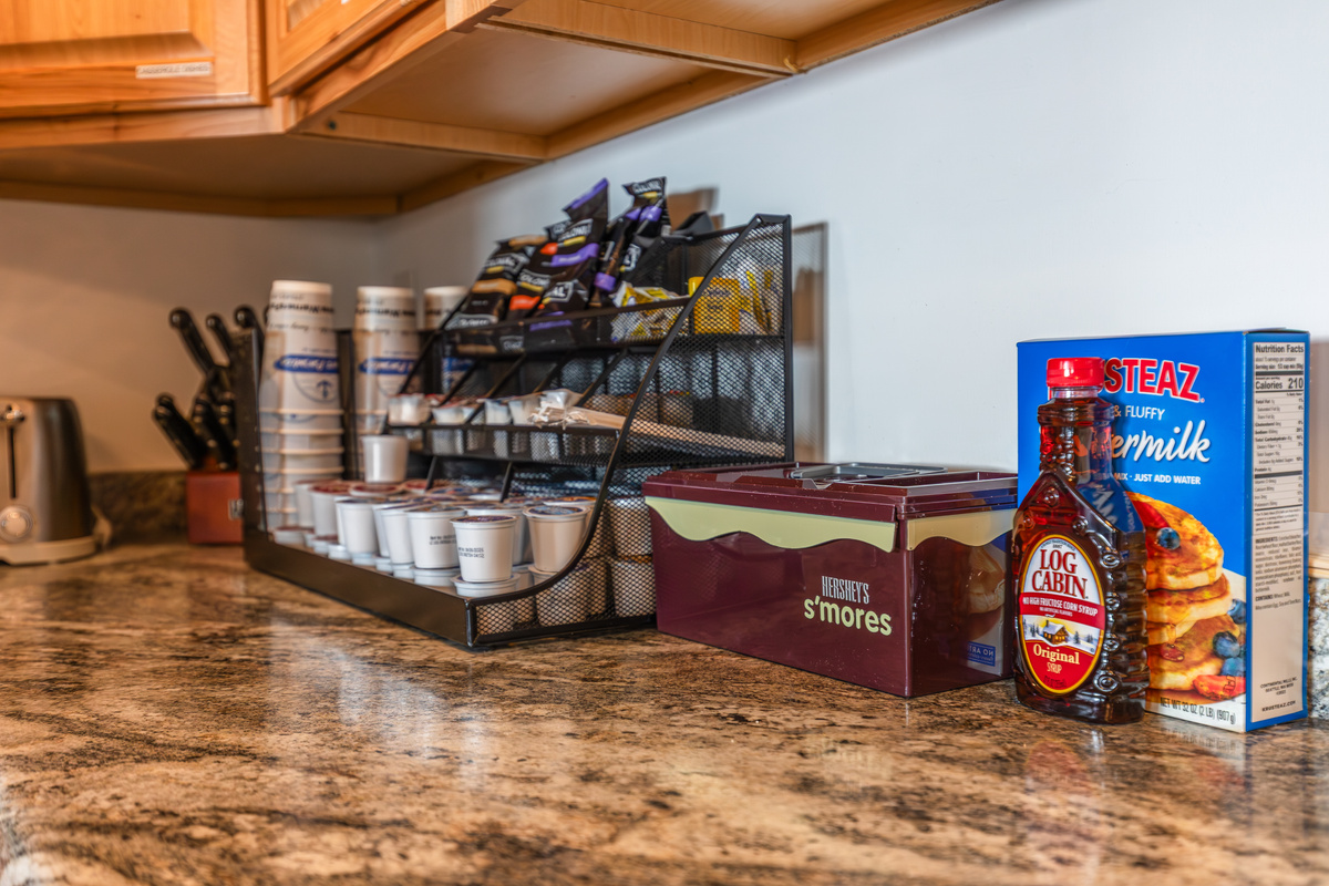Coffee, pancake mix, syrup, and a s’mores kit are provided to make mornings and evenings a little more special.