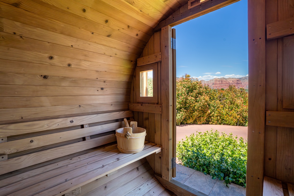 Detox with a view. Step into our premium cedar barrel sauna and let the heat melt your stress away while you take in breathtaking, framed views of the Sedona red rocks