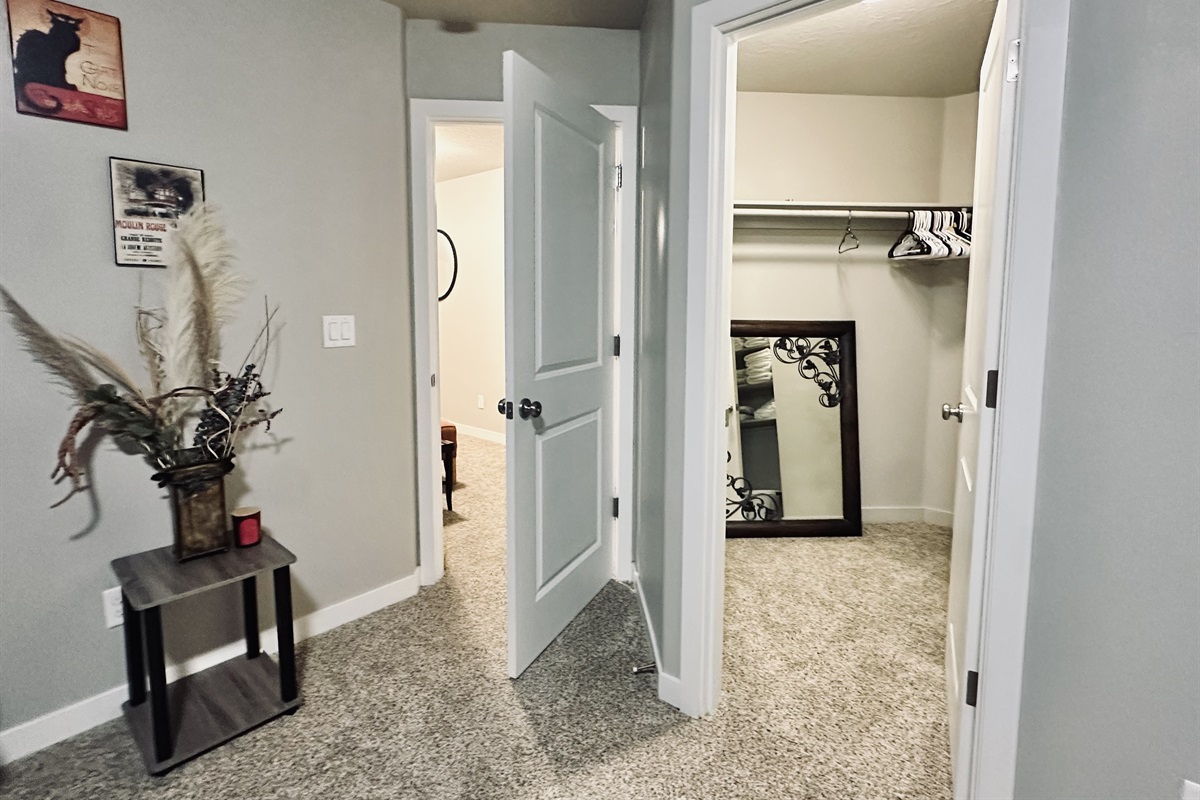 A well-lit, carpeted entryway features a decorative potted plant on a small table, a large mirror leaned against the wall in a closet, and two open doors leading into separate, unfurnished rooms.