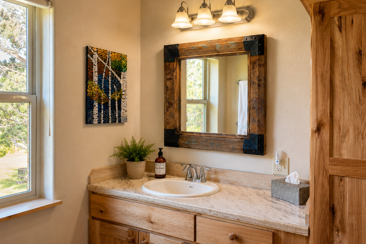 The bathroom vanity offers plenty of room to get ready, wrapped in warm wood and natural light.