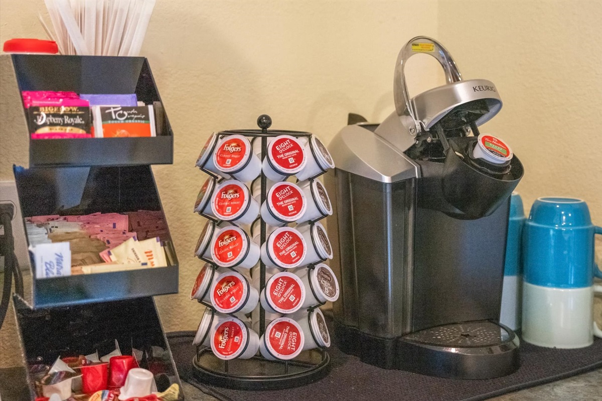 The Bonus Room is fully stocked for your caffeine fix! It features its own full-size Keurig, complete with a variety of coffee pods, cups, sugars, creamers, and everything else you might need.