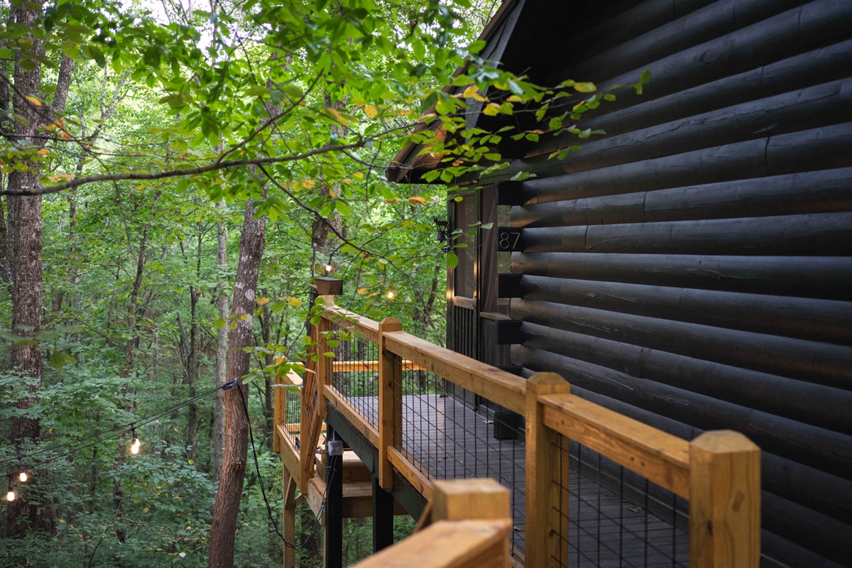 Modern industrial exterior with patio lights