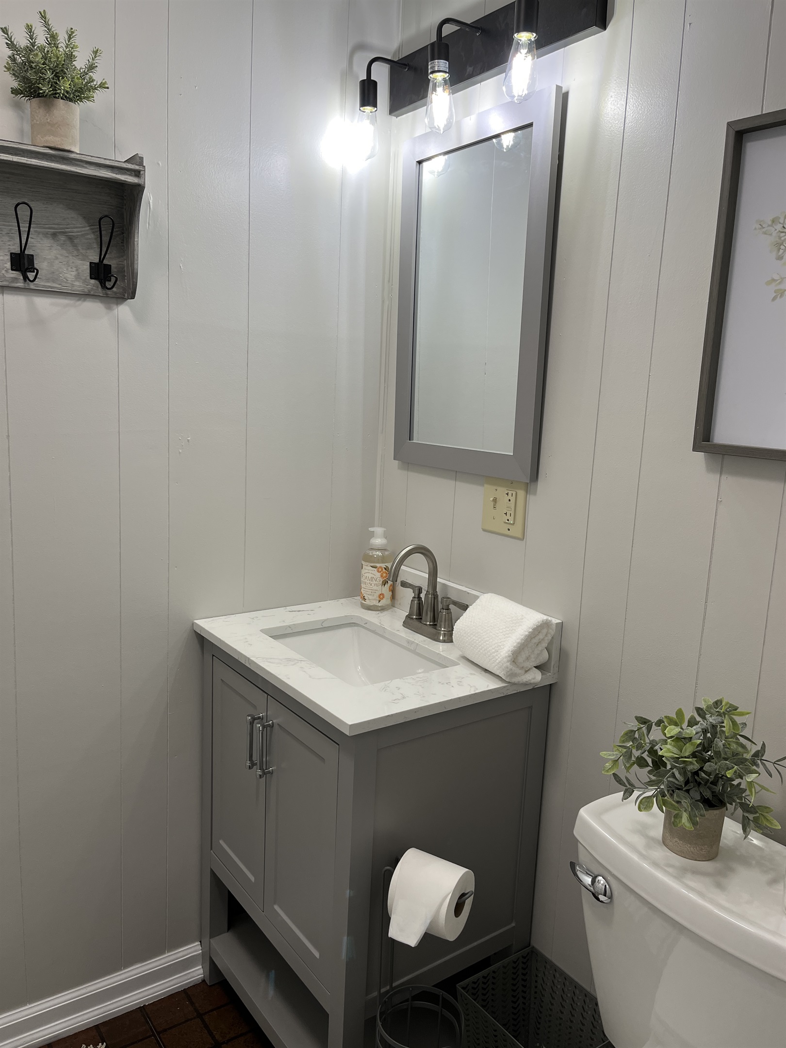 Renovated bath with tub shower off hallway