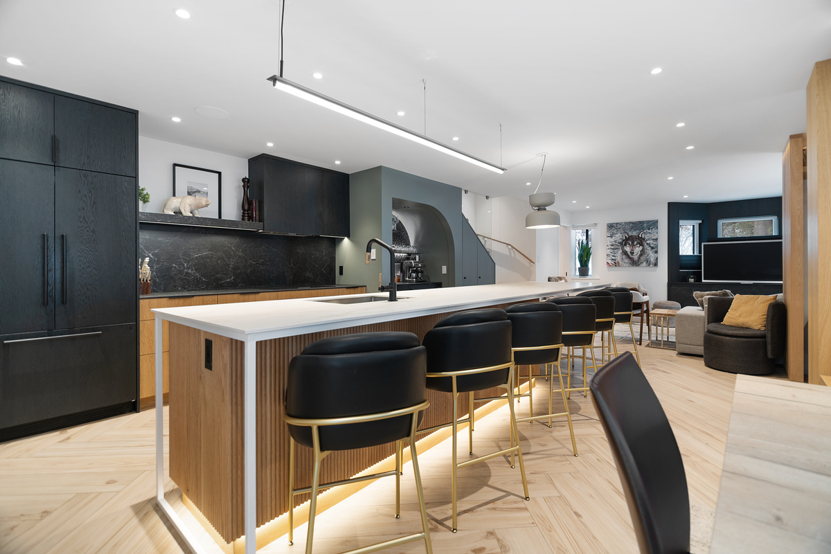 Kitchen island, dining area and living room