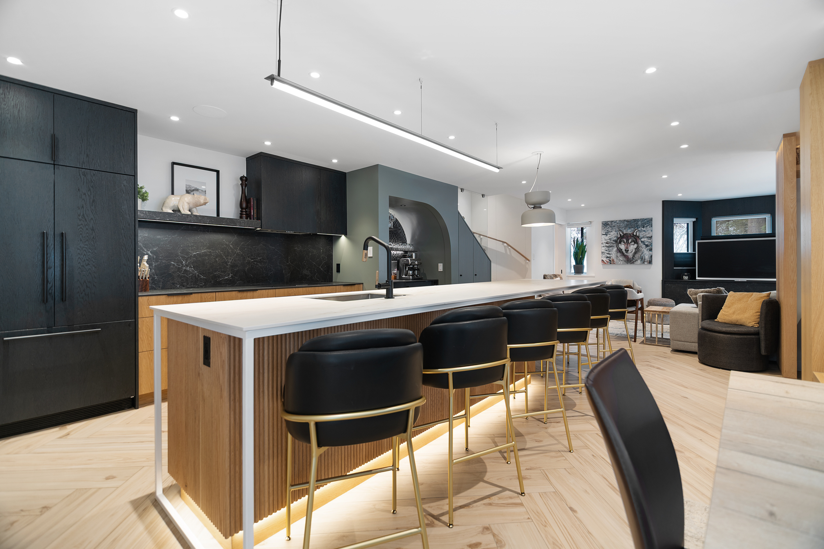 Kitchen island, dining area and living room
