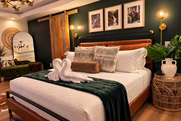 Master Bedroom - A luxurious retreat with a Smart TV, fireplace, private bathroom, jacuzzi, skylight, spa room, and a Juliette balcony. The perfect space to relax in comfort and sophistication.