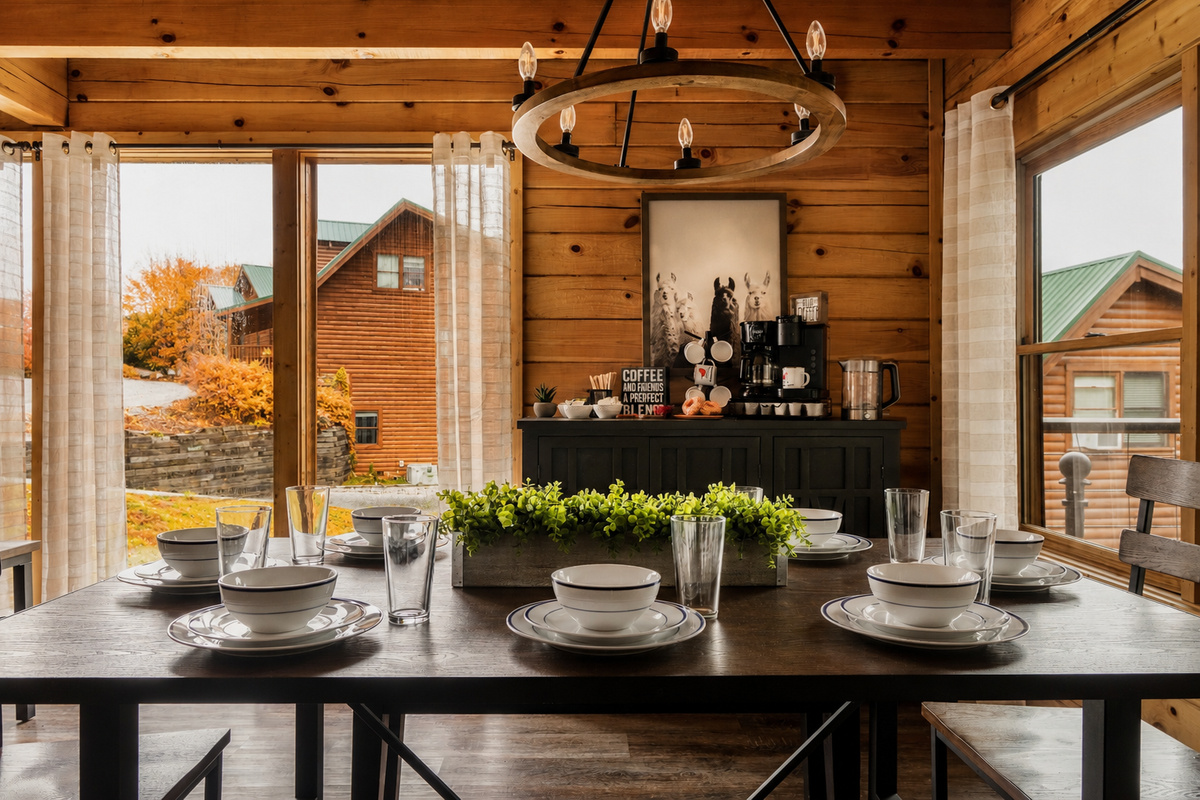 Gather round our dining table after preparing a meal and enjoy Smoky mountain views!
