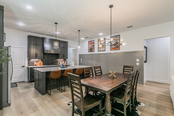 Updated, modern kitchen with large dining table