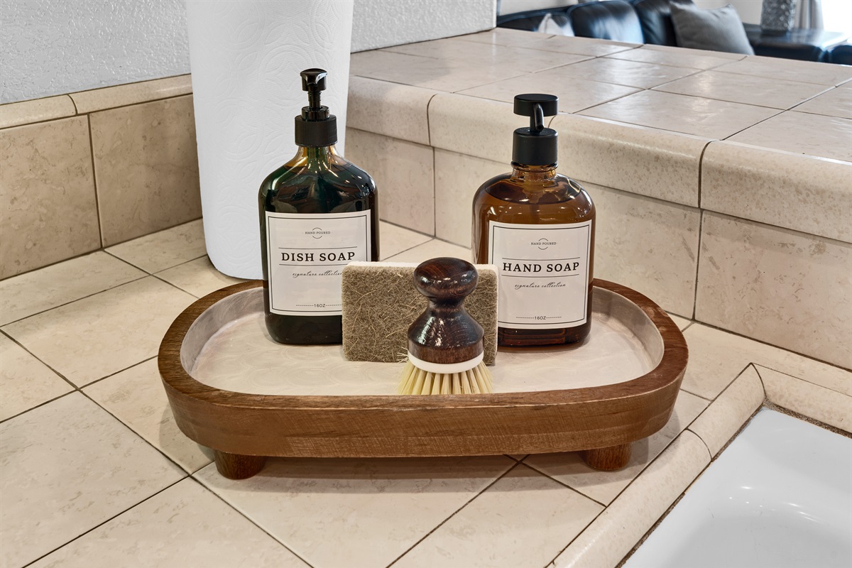 Everything you need for easy cleanup—dish soap, hand soap, and dishwasher pods included