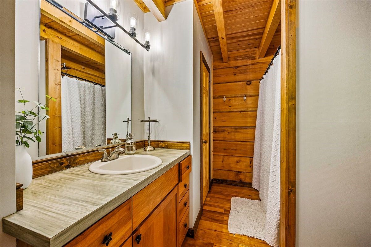 The downstairs bathroom features a tub/shower combo. Shampoo, conditioner, body wash, hair dryer, and iron